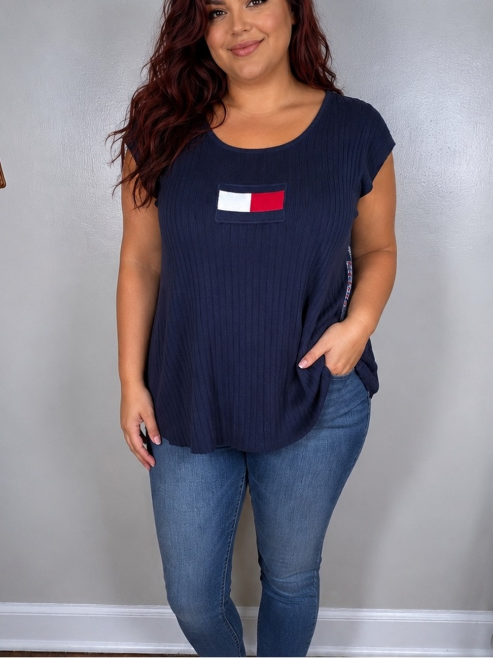 NWT Vintage tommy Hilfiger Sz 3X Blue Y2K USA Flag Logo Sleeveless Sweater